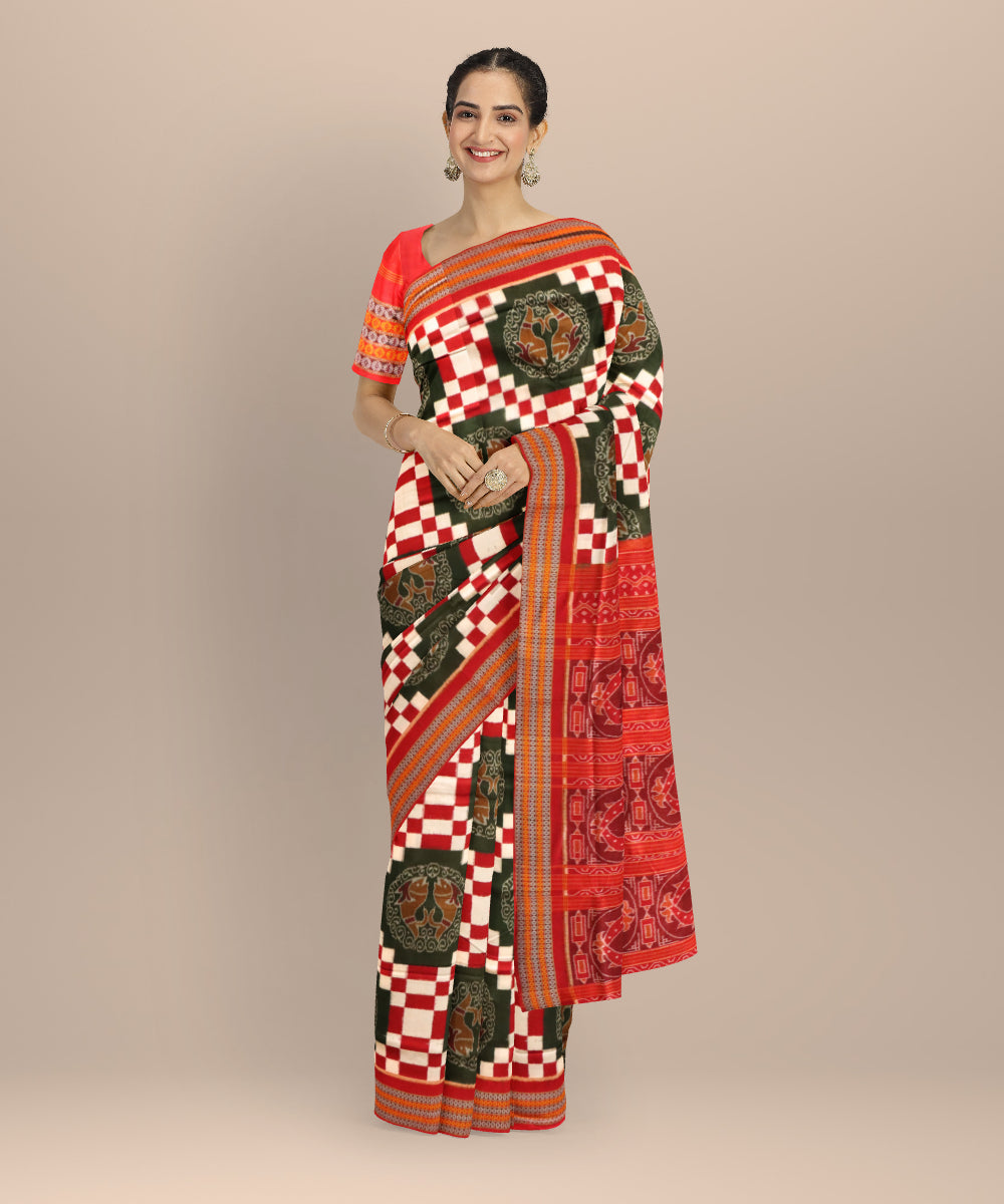 Multicolor dark red handloom cotton sambalpuri saree