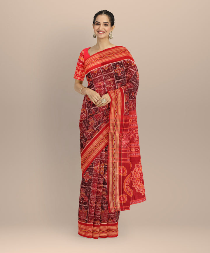 Multi color dark red handloom cotton sambalpuri saree