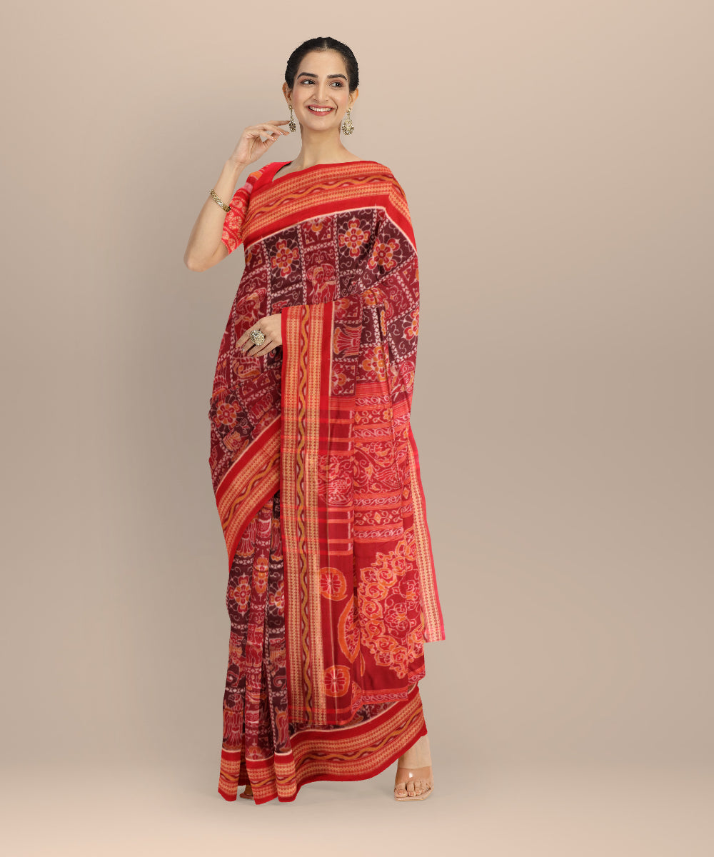 Multi color dark red handloom cotton sambalpuri saree