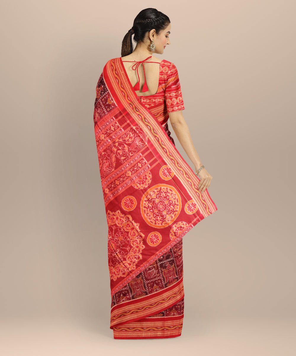 Multi color dark red handloom cotton sambalpuri saree