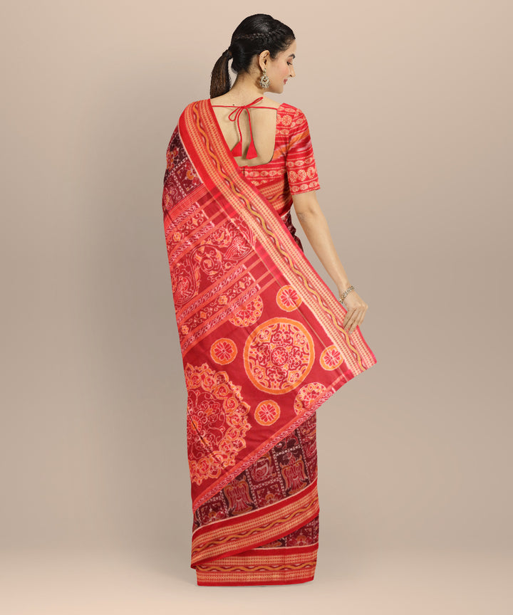 Multi color dark red handloom cotton sambalpuri saree