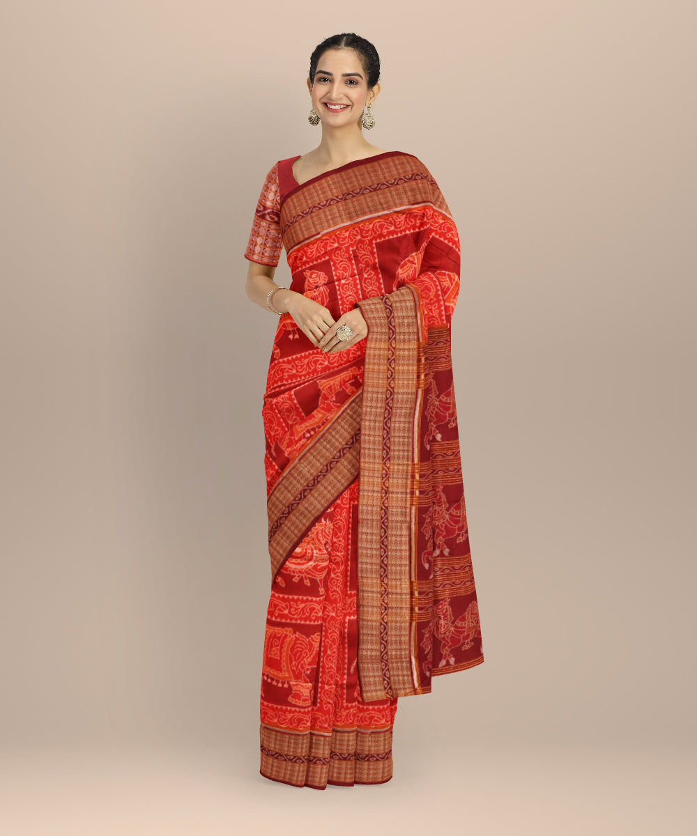 Orange black bean handloom cotton sambalpuri saree