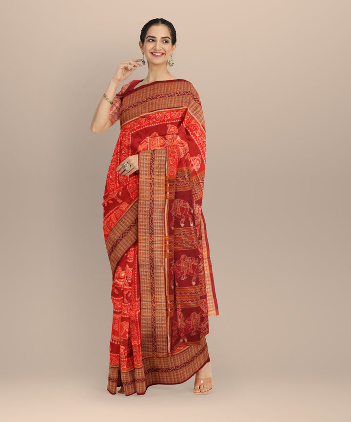 Orange black bean handloom cotton sambalpuri saree