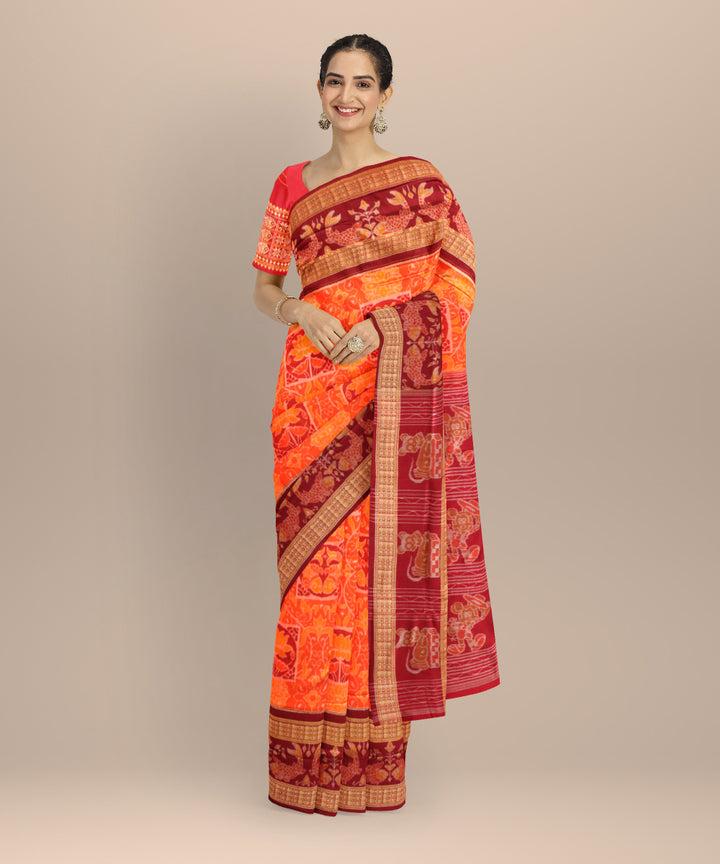 Orange black bean cotton handloom sambalpuri saree