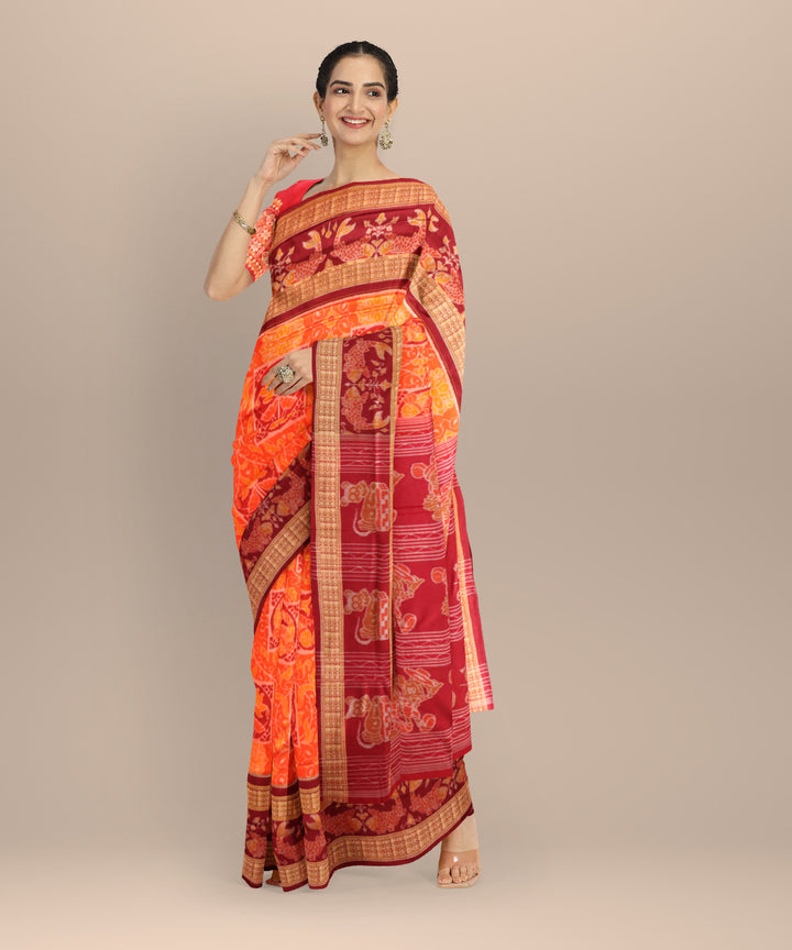 Orange black bean cotton handloom sambalpuri saree