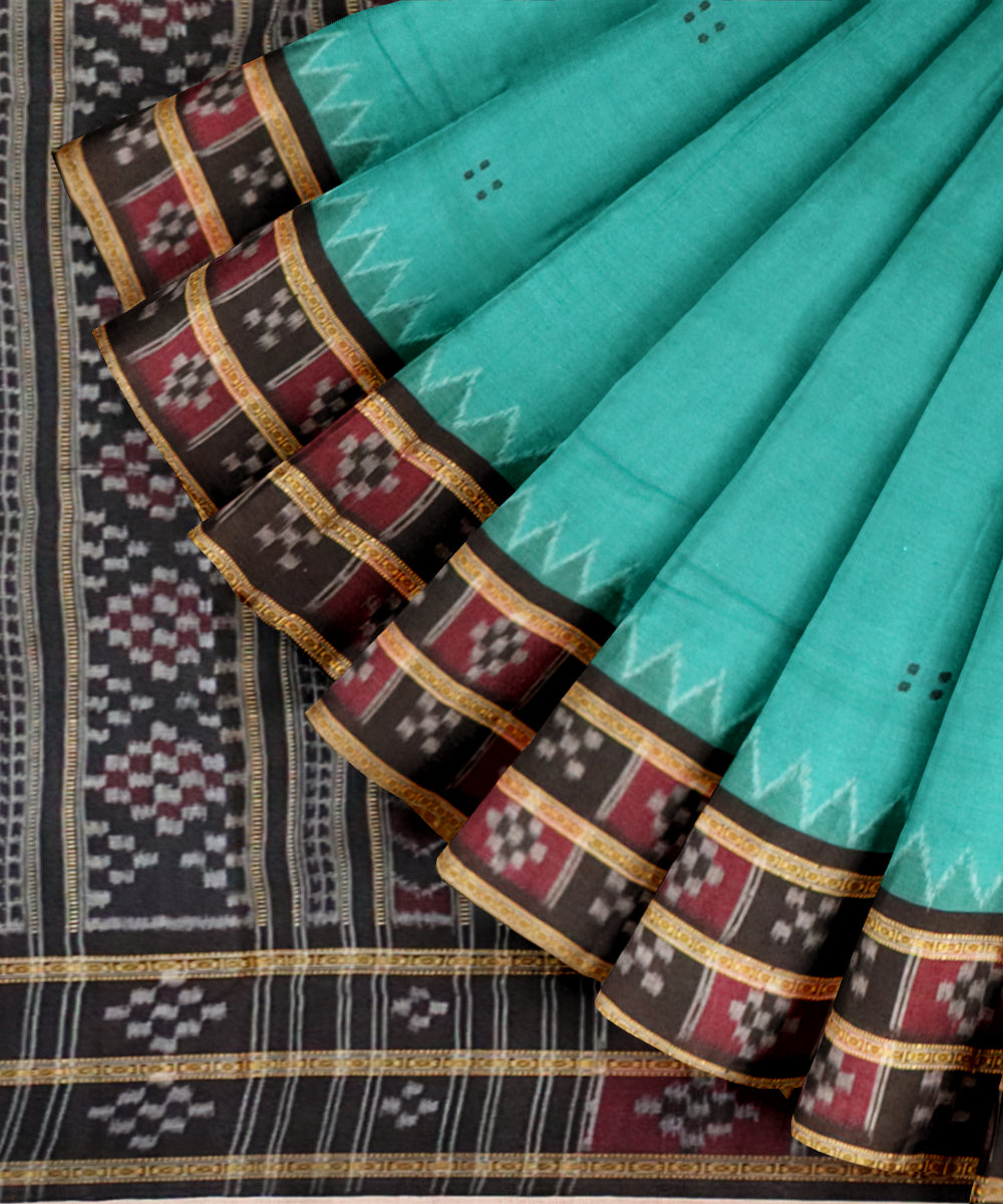 Deep green-cyan turquoise black cotton handloom nuapatna saree