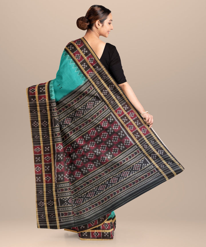 Deep green-cyan turquoise black cotton handloom nuapatna saree
