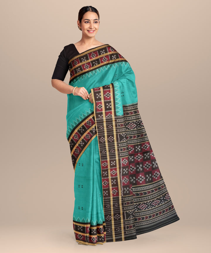 Deep green-cyan turquoise black cotton handloom nuapatna saree