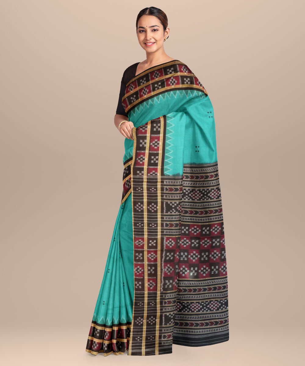 Deep green-cyan turquoise black cotton handloom nuapatna saree