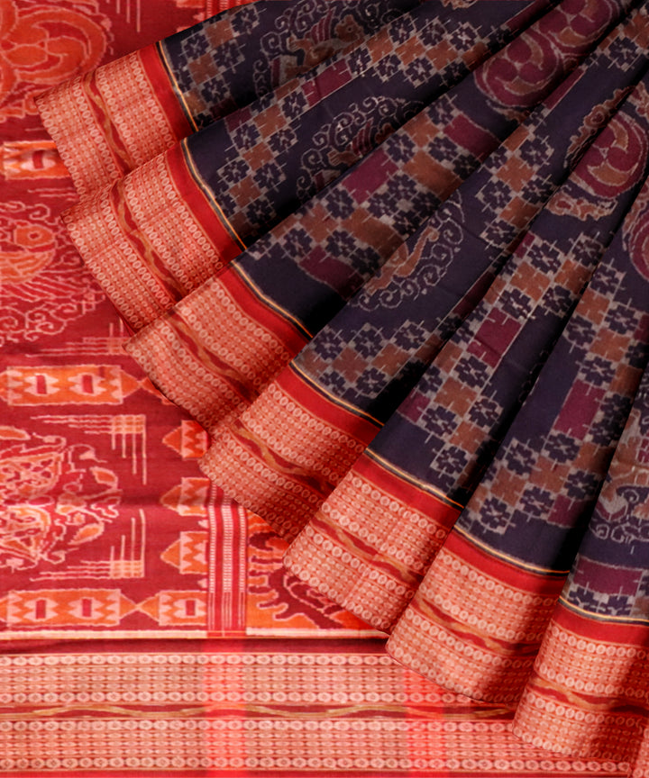 Cyan blue dark red cotton handloom sambalpuri saree