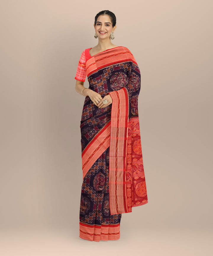 Cyan blue dark red cotton handloom sambalpuri saree