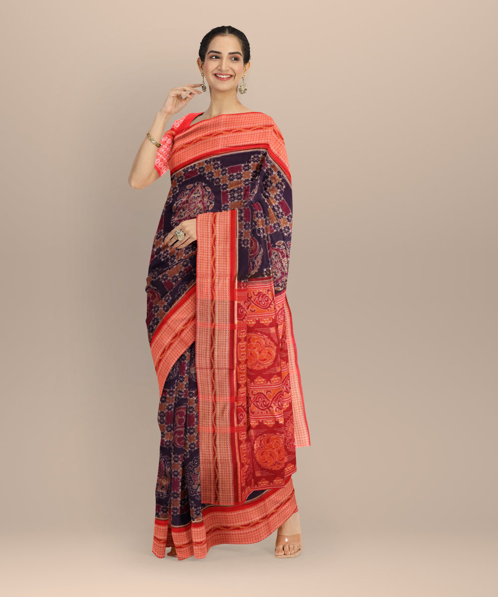Cyan blue dark red cotton handloom sambalpuri saree