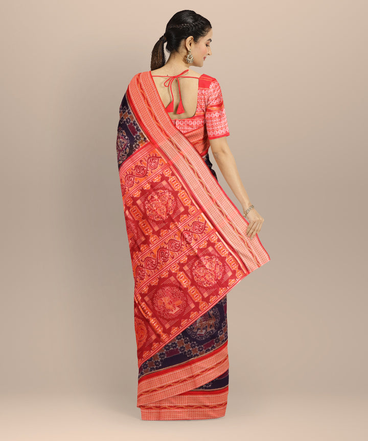 Cyan blue dark red cotton handloom sambalpuri saree