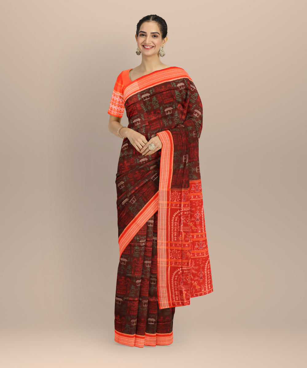 Brown dark red handloom sambalpuri cotton saree