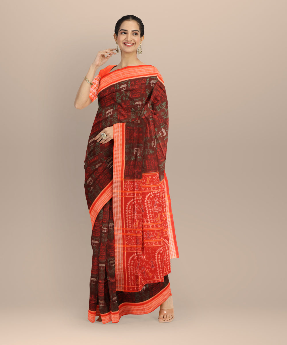 Brown dark red handloom sambalpuri cotton saree