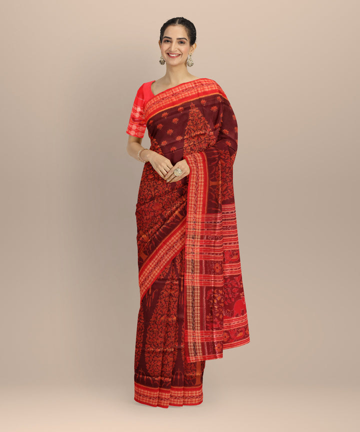Brown dark red cotton handloom sambalpuri saree