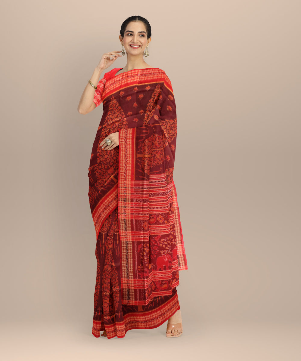 Brown dark red cotton handloom sambalpuri saree