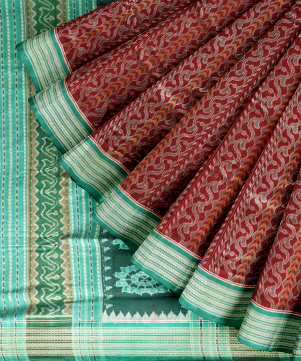 Maroon deep green-cyan turquoise cotton handloom sambalpuri saree