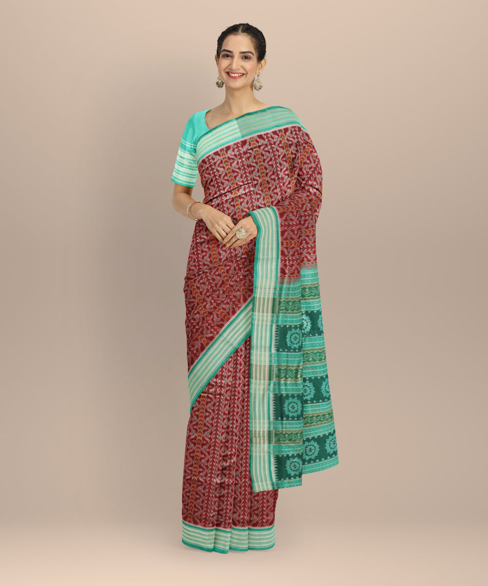 Maroon deep green-cyan turquoise cotton handloom sambalpuri saree