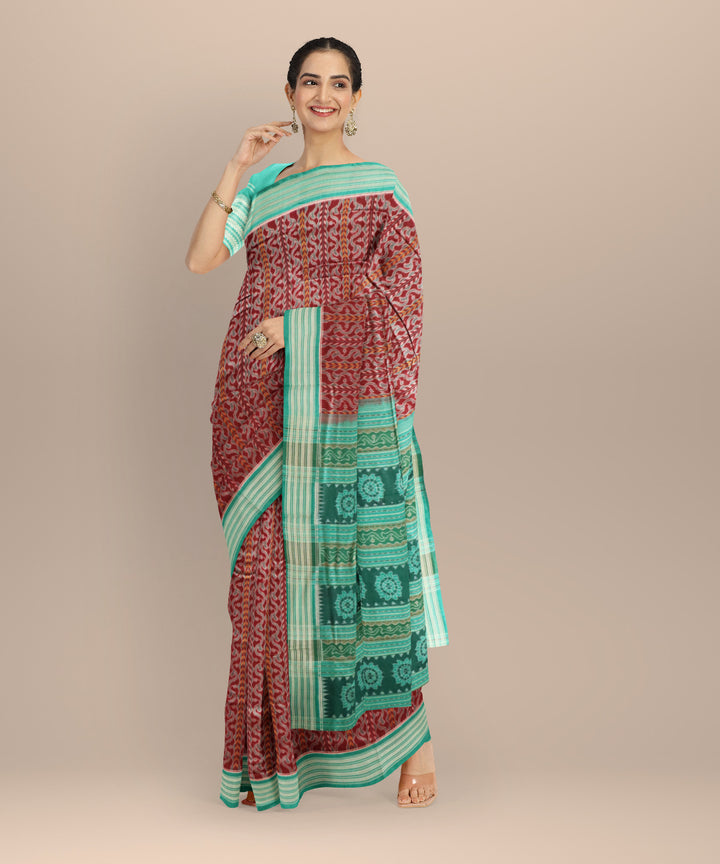 Maroon deep green-cyan turquoise cotton handloom sambalpuri saree