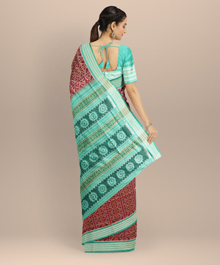Maroon deep green-cyan turquoise cotton handloom sambalpuri saree