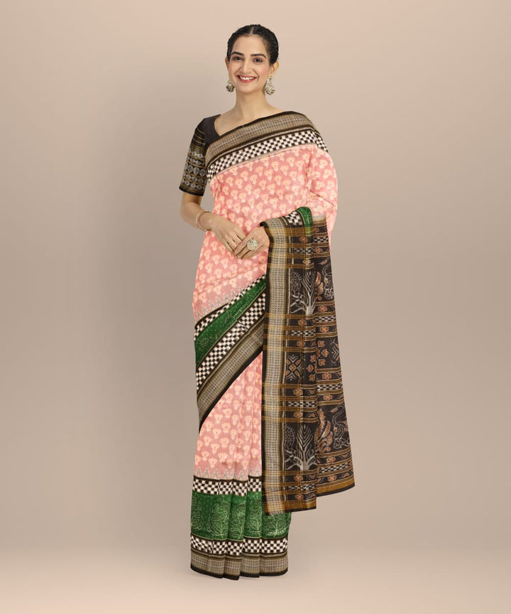 Beige black cotton handloom sambalpuri saree