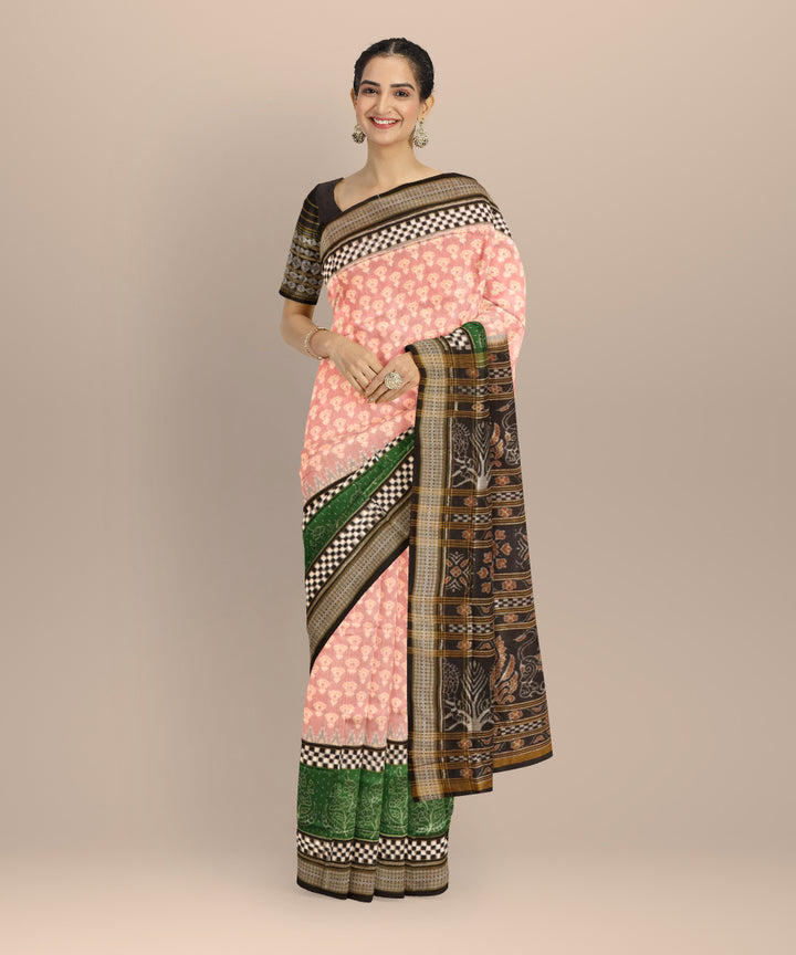 Beige black cotton handloom sambalpuri saree