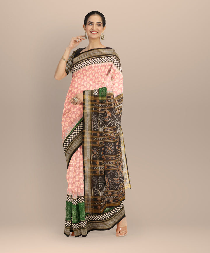 Beige black cotton handloom sambalpuri saree