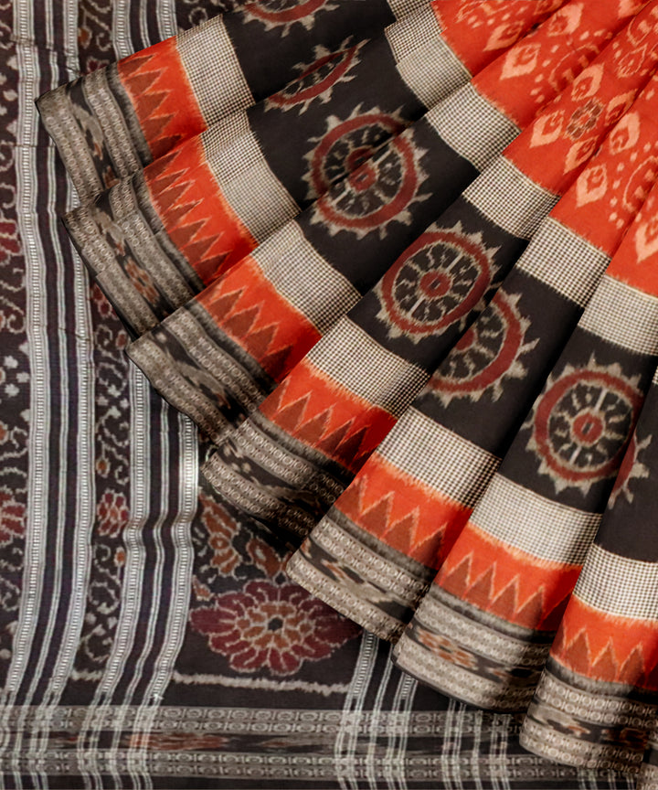 Deep carrot orange black cotton handloom nuapatna saree