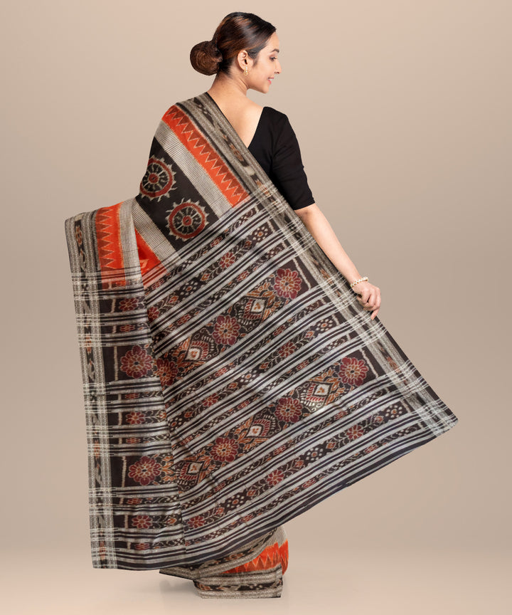 Deep carrot orange black cotton handloom nuapatna saree