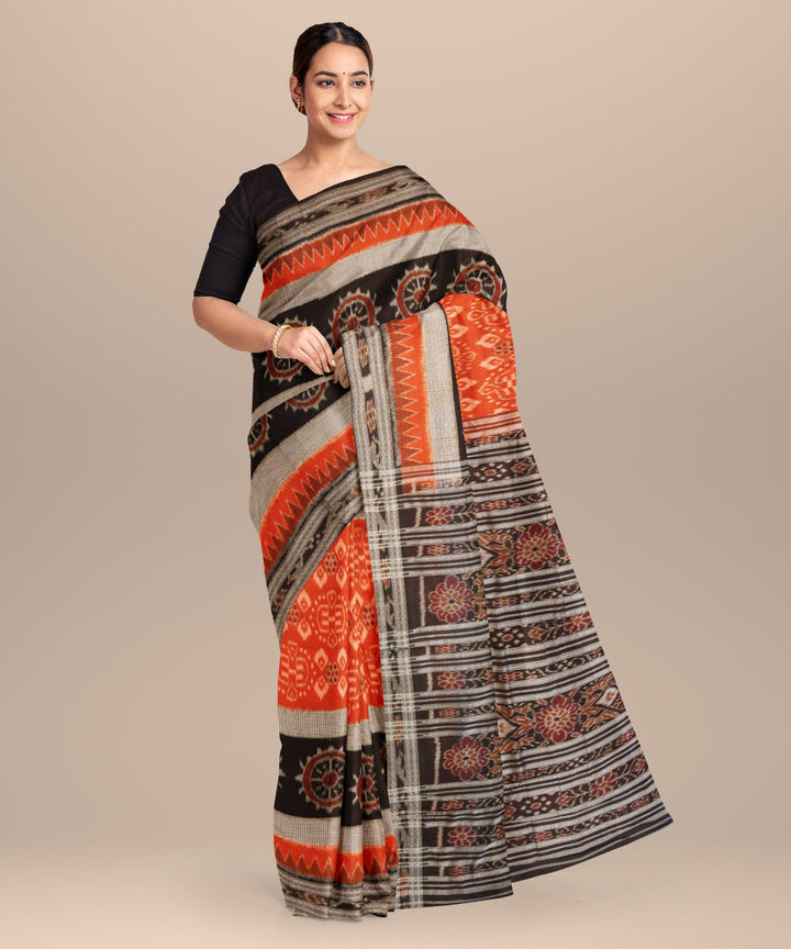 Deep carrot orange black cotton handloom nuapatna saree