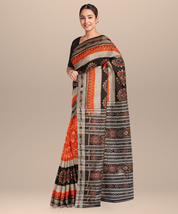 Deep carrot orange black cotton handloom nuapatna saree