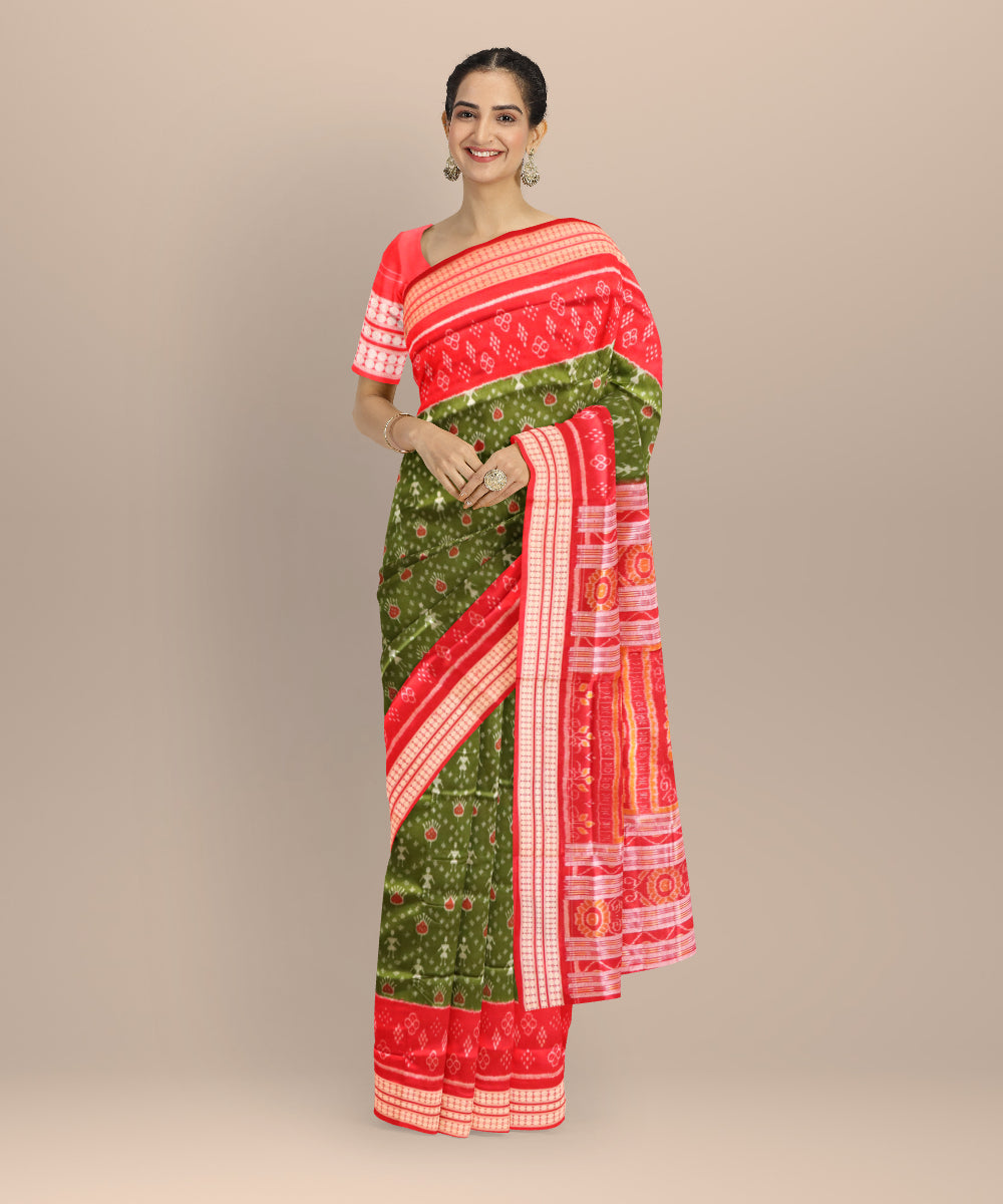 Teal green dark red handloom silk sambalpuri saree