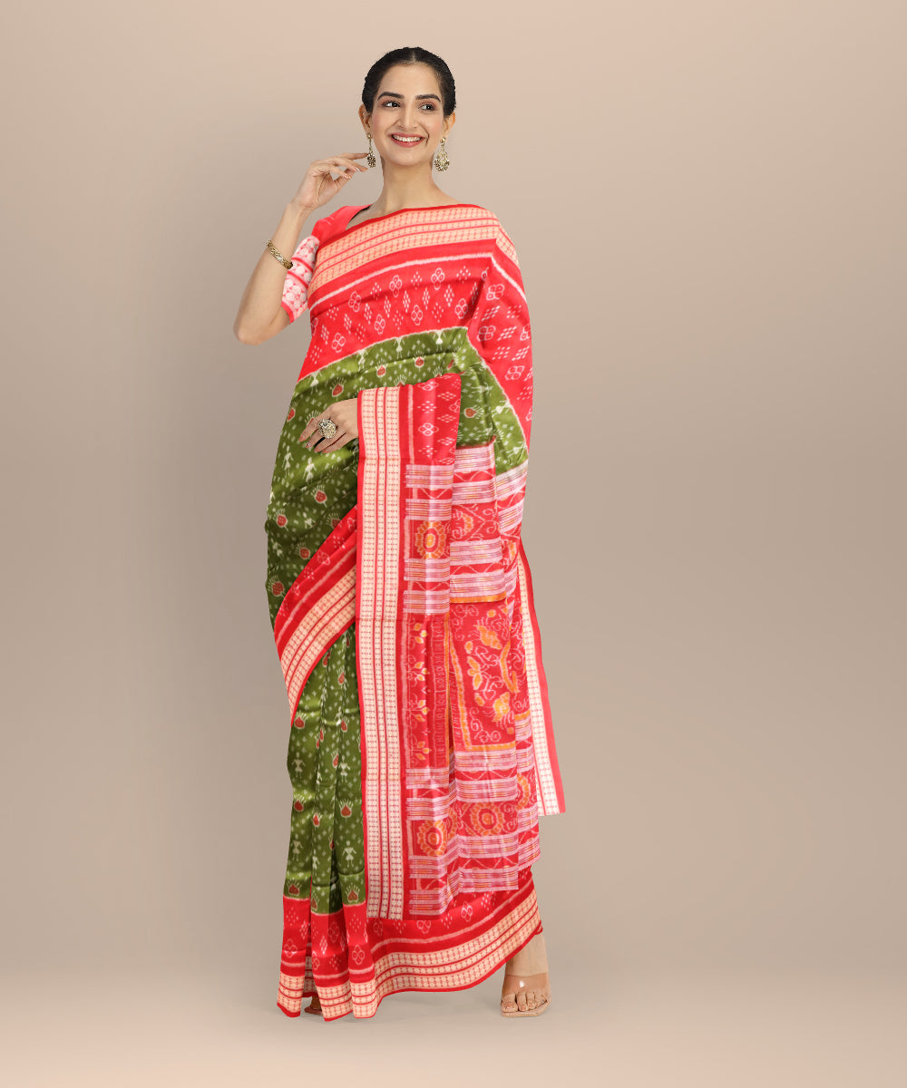 Teal green dark red handloom silk sambalpuri saree