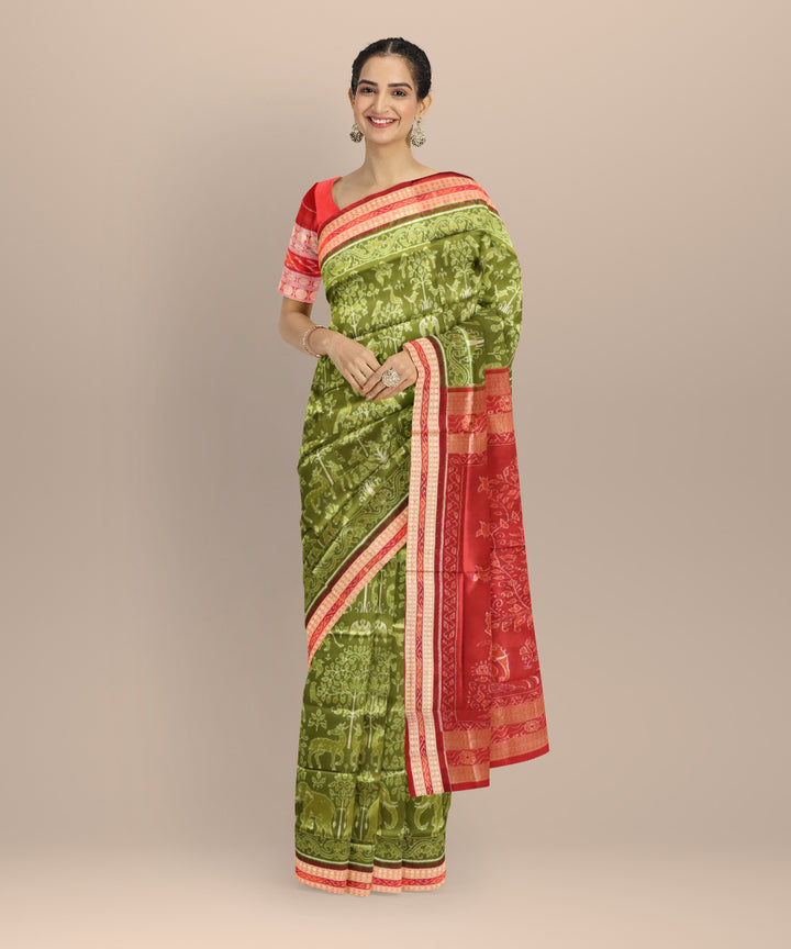 Teal green maroon silk handwoven sambalpuri saree