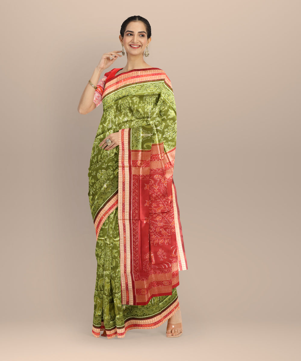 Teal green maroon silk handwoven sambalpuri saree
