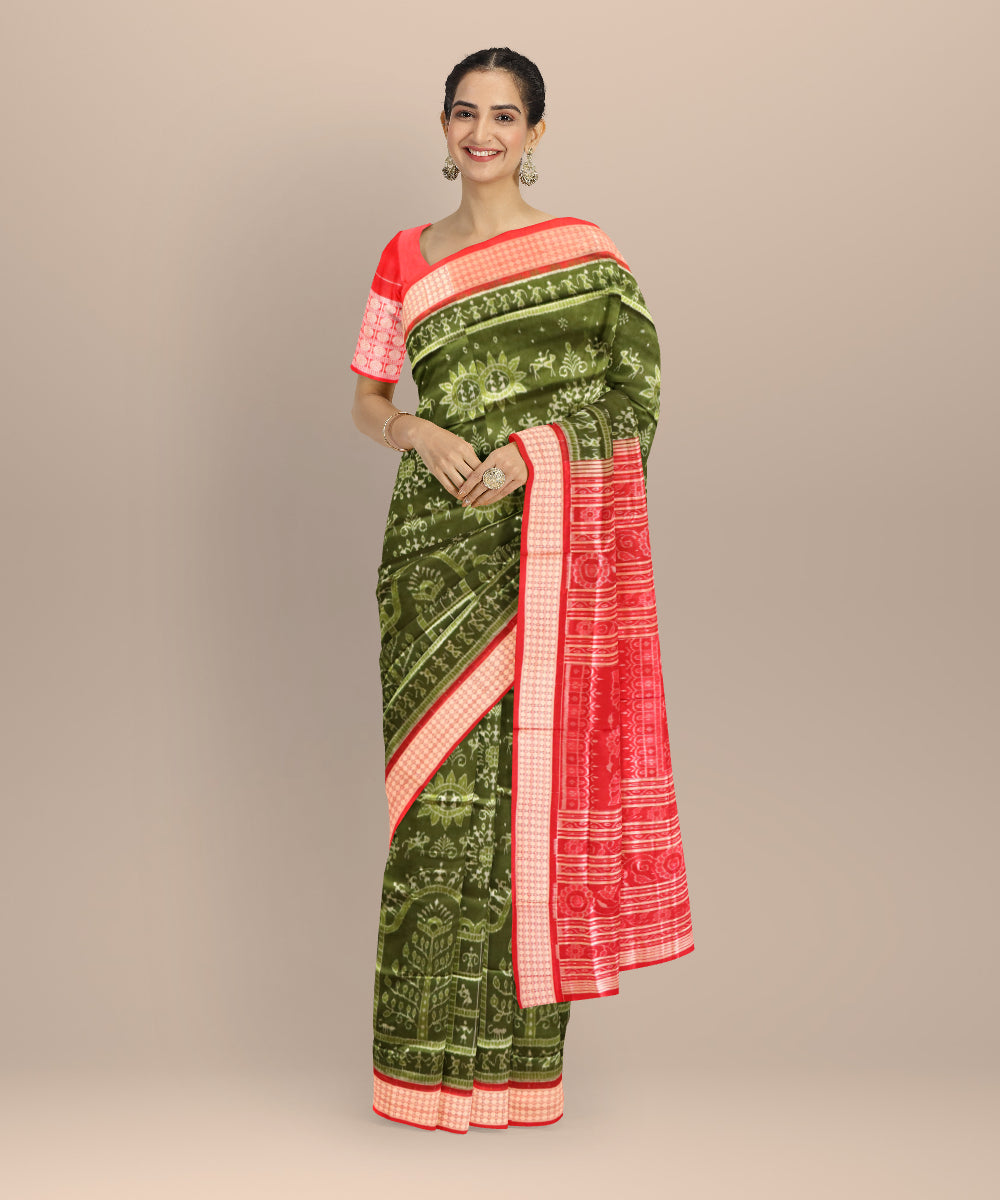 Teal green maroon silk sambalpuri handloom saree