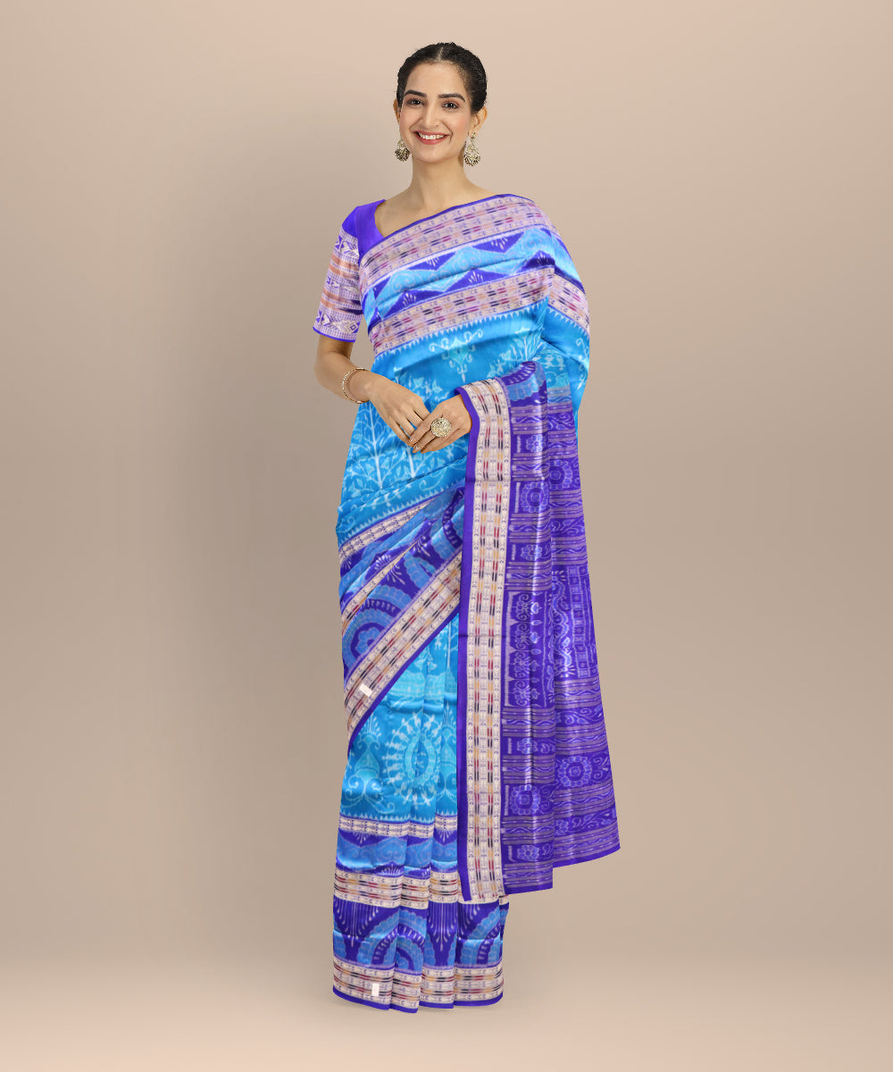 Cyan blue dark blue silk handloom sambalpuri saree