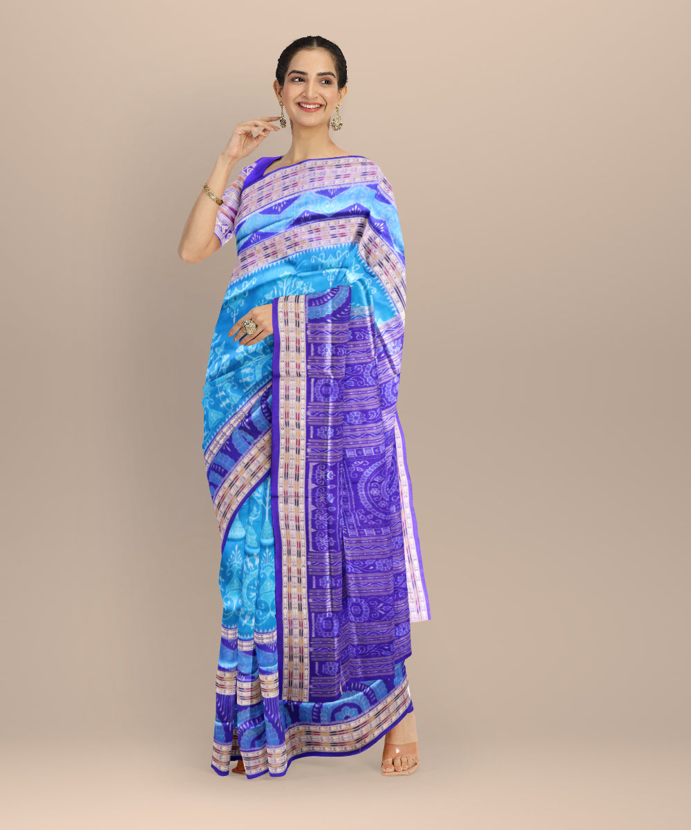 Cyan blue dark blue silk handloom sambalpuri saree