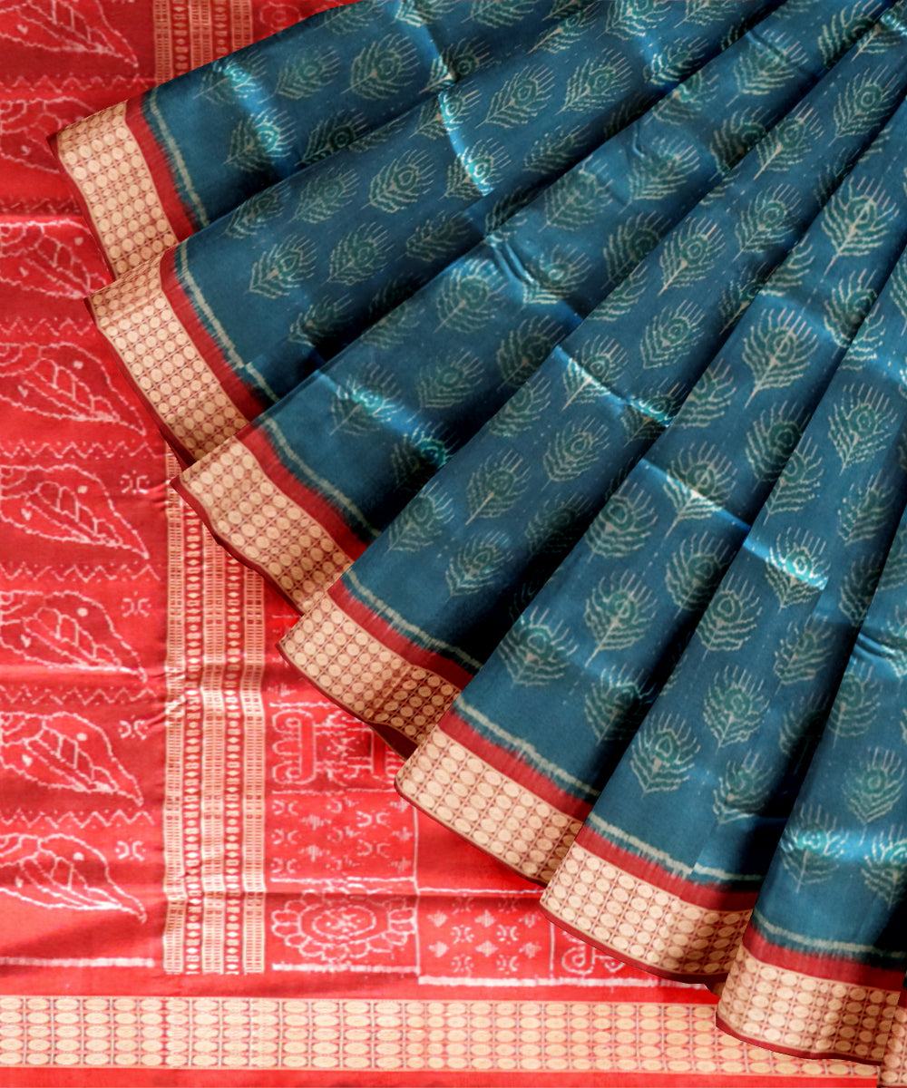 Sky blue maroon silk handloom sambalpuri saree