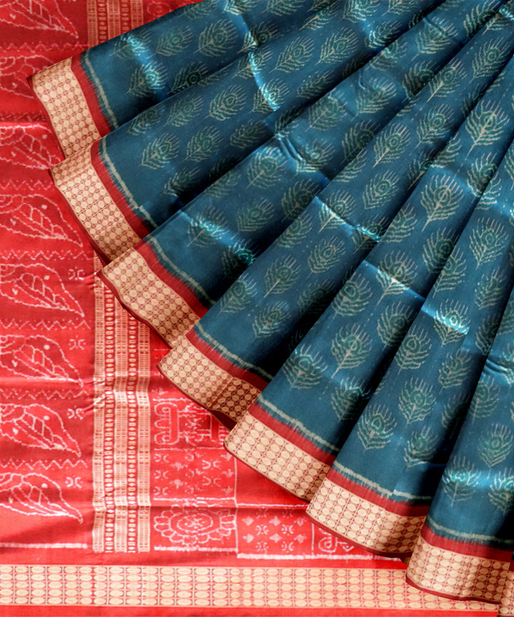 Sky blue maroon silk handloom sambalpuri saree