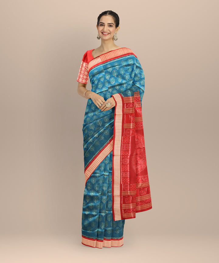 Sky blue maroon silk handloom sambalpuri saree