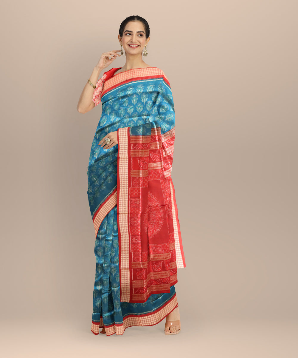 Sky blue maroon silk handloom sambalpuri saree