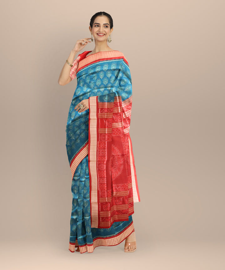 Sky blue maroon silk handloom sambalpuri saree