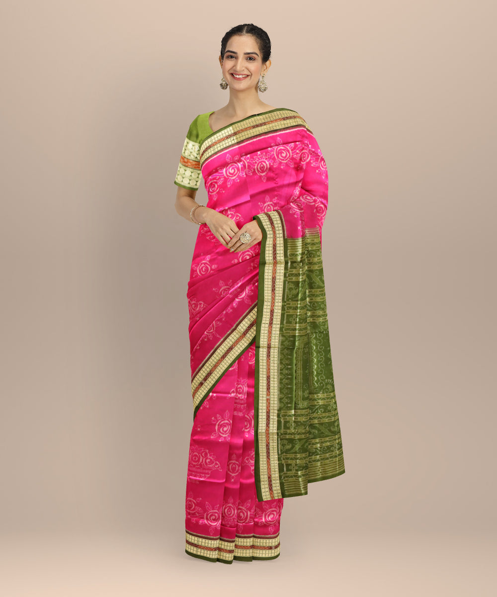 Pink dark moss green silk handloom sambalpuri saree