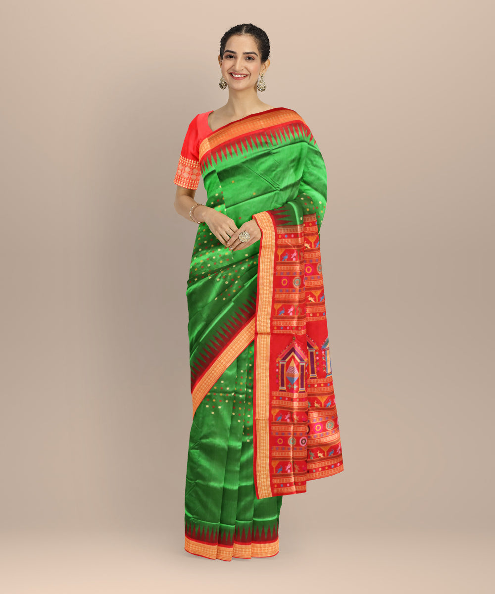 Dark green dark red silk handloom bomkai saree