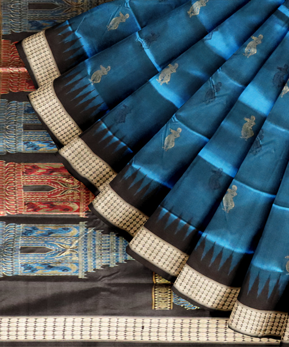 Cyan blue black silk handloom bomkai saree