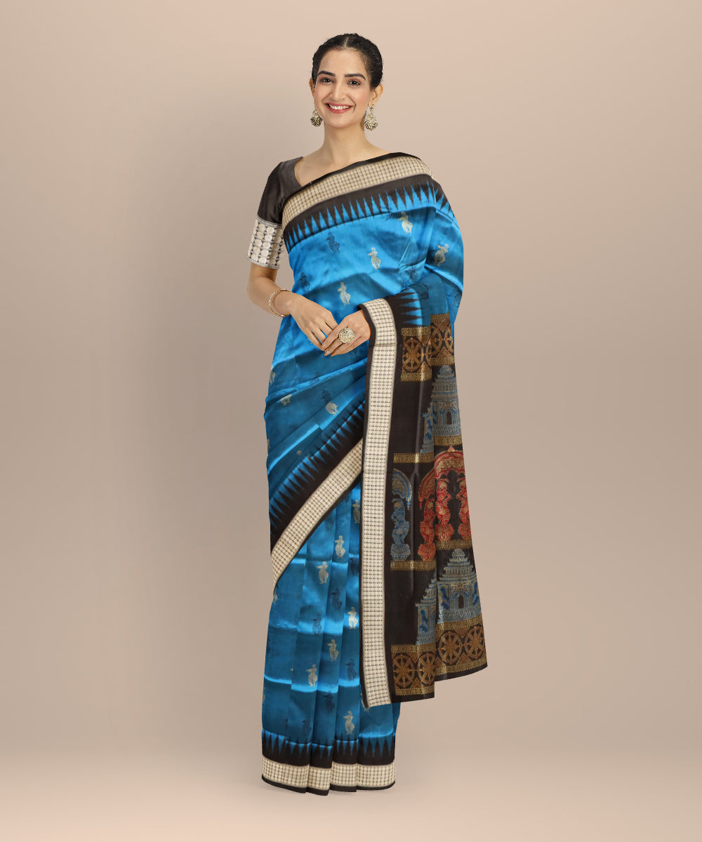 Cyan blue black silk handloom bomkai saree
