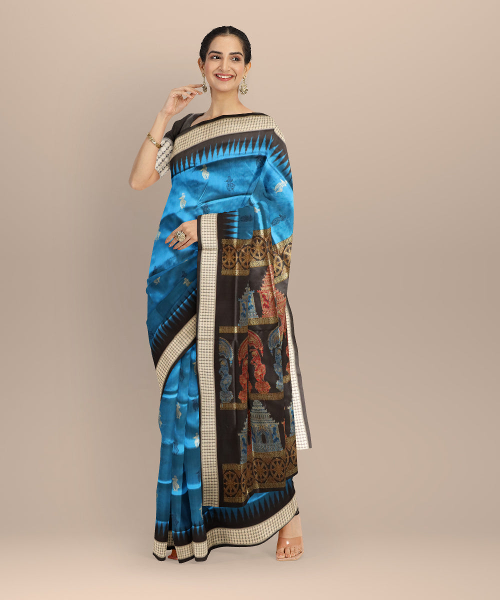 Cyan blue black silk handloom bomkai saree