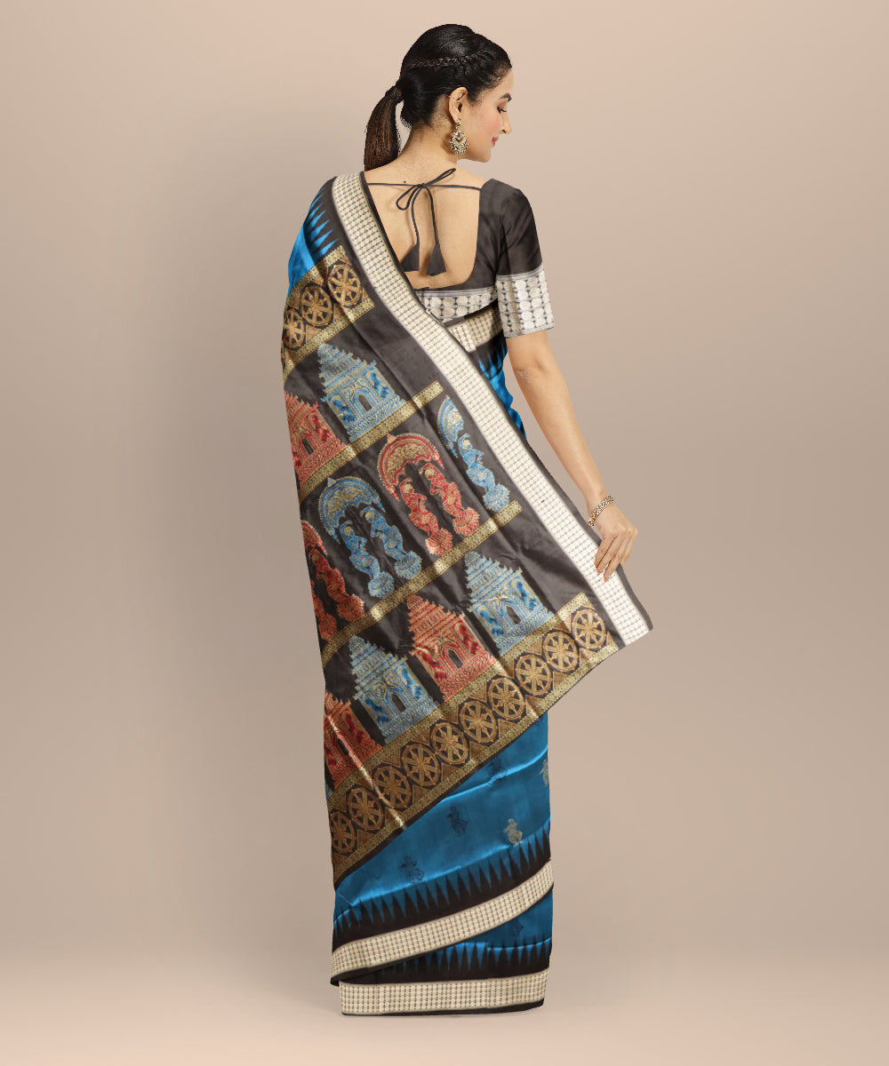 Cyan blue black silk handloom bomkai saree